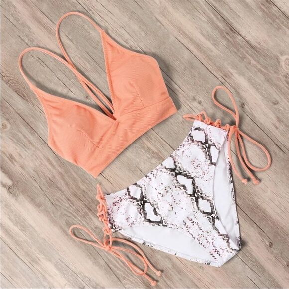 Other - High Waist Snakeskin Print 2 Piece Lace up Bikini